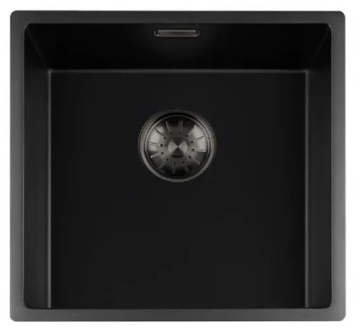 Lorreine zwarte Quartz spoelbak 40x40cm onderbouw vlakbouw en opbouw zwart met gun metal korfplug 1208954033